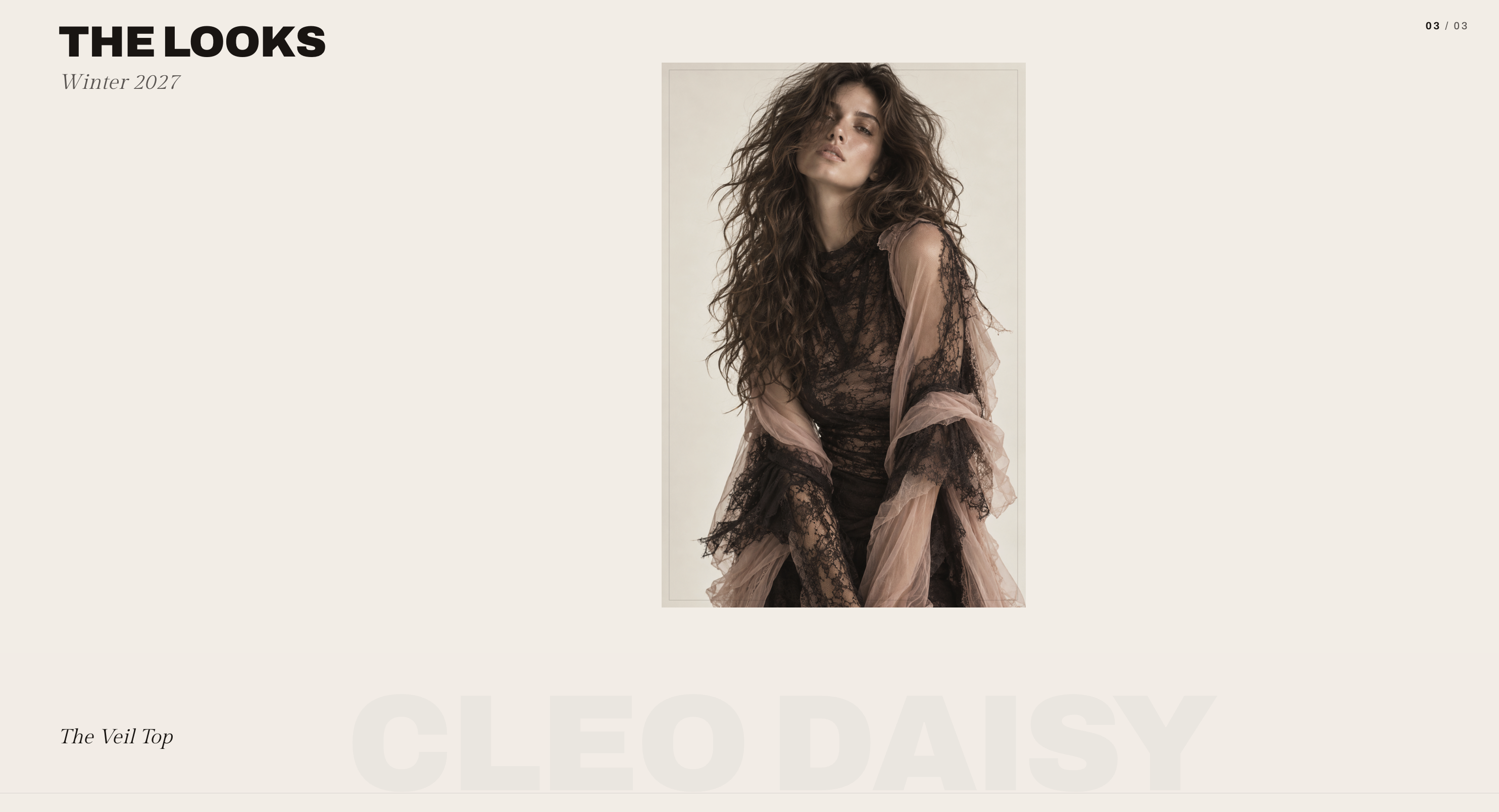 Cleo Daisy fashion website — The Veil Top editorial interface, desktop