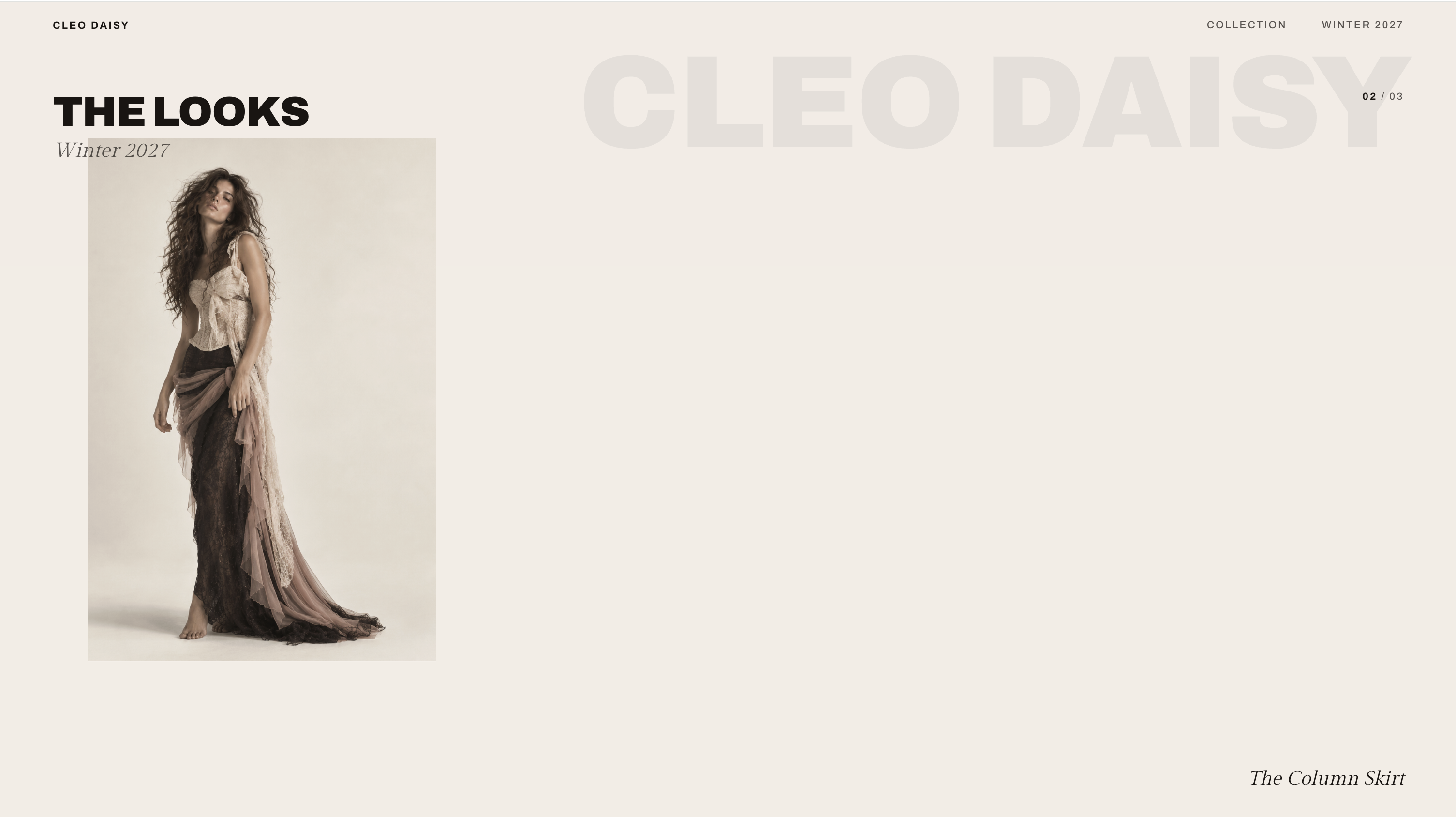 Cleo Daisy fashion website — The Column Skirt editorial interface, desktop